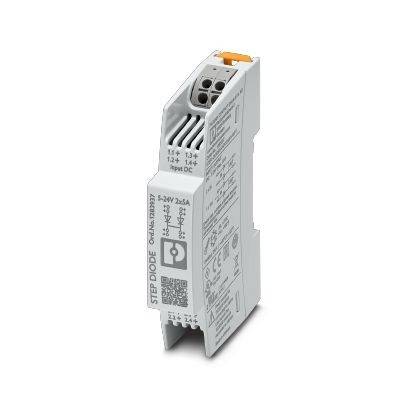 Ein weißes Phoenix Contact Relaismodul mit Verdrahtungsanschlüssen und auf der Seite gedruckten Produktinformationen.
