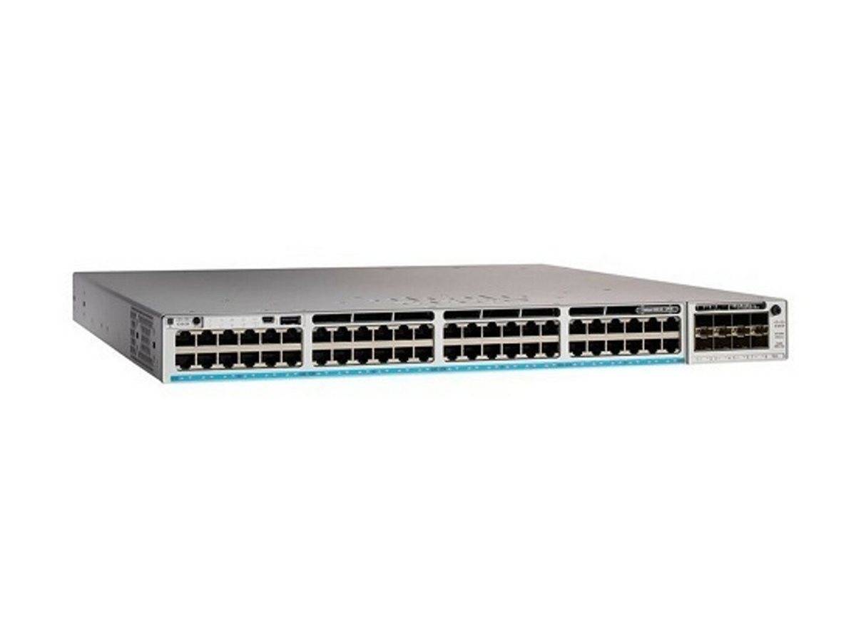 Ein Netzwerk-Switch mit 48 Ethernet-Ports und vier SFP+-Steckplätzen, der zum Verbinden mehrerer Geräte in einem Netzwerk zur Erleichterung der Datenübertragung verwendet wird.
