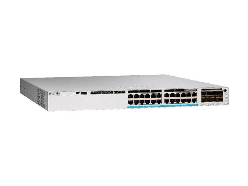 Ein weißer Netzwerk-Switch mit mehreren Ethernet-Ports ist abgebildet, geeignet für die Verwaltung von Verbindungen in größeren Netzwerken oder Rechenzentren.