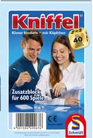 Kniffel-Spielschachtel mit lächelndem Mann und Frau beim Würfelspiel, beschriftet mit „Zusatzblock für 600 Spiele