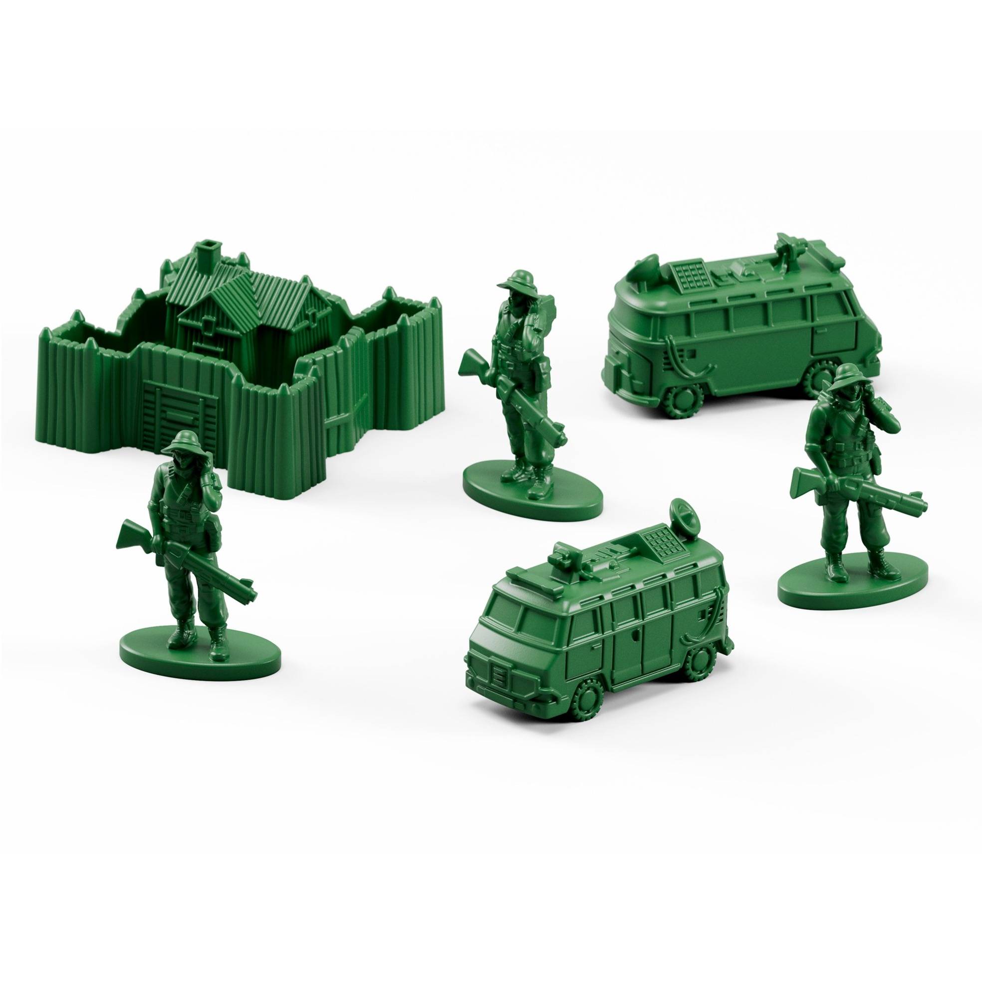 Grüne Kunststoffminiatursoldaten, ein befestigter Bunker und zwei Panzerfahrzeuge auf weißem Hintergrund angeordnet.