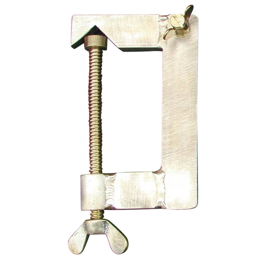 Eine Metallschweißer-Eckklemme mit einem Schraubenmechanismus und zwei flachen Backen, die zum Halten von Materialien im rechten Winkel während des Schweißens verwendet wird.