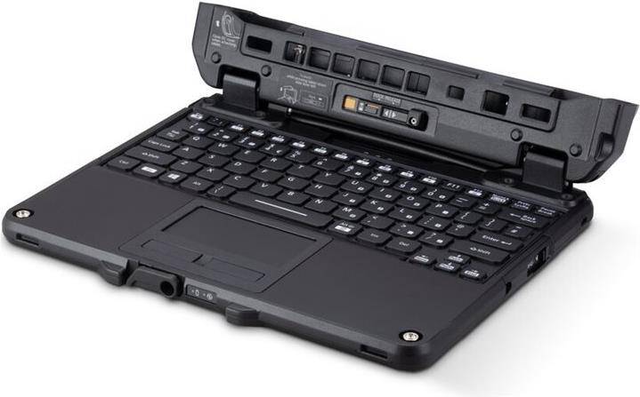 Robuster Laptop-Computer im offenen Zustand mit schwarzer Tastatur und integriertem Griff, gezeigt auf weißem Hintergrund.