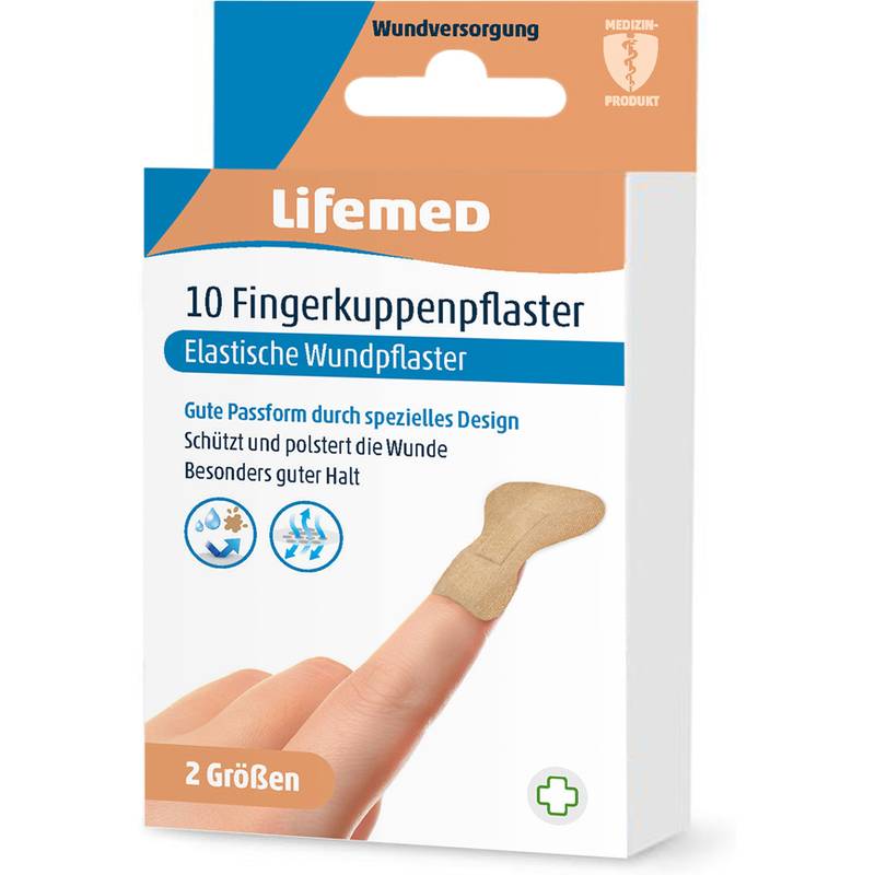 Verpackung für Lifemed '10 Fingerkuppenpflaster' elastische Fingerspitzenpflaster, zeigt ein Pflaster auf einem Finger und Text über Schutz, Polsterung und 2 Größen.