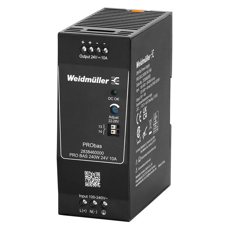 Weidmüller PRO B 240W 24V 10A Netzteil mit Eingabe-, Ausgabe-Beschriftungen, Einstellknopf und LED-Anzeigen auf schwarzem Gehäuse.