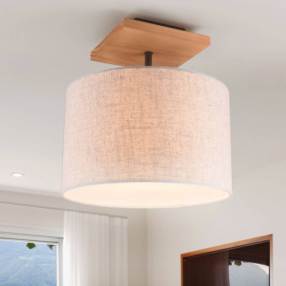 Deckenleuchte Wohnzimmerleuchte Holz Deckenlampe Schlafzimmerleuchte, Textil weiß, 1x E27, DxH 35x36 cm