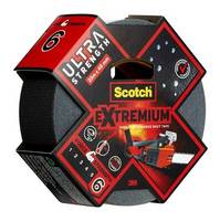 Eine Rolle Scotch Extremium Ultra Strength Klebeband, entwickelt für Schwerlastanwendungen. Die Verpackung zeigt ein Sägebild und einen Stärkelevel-Indikator der Stufe 6.