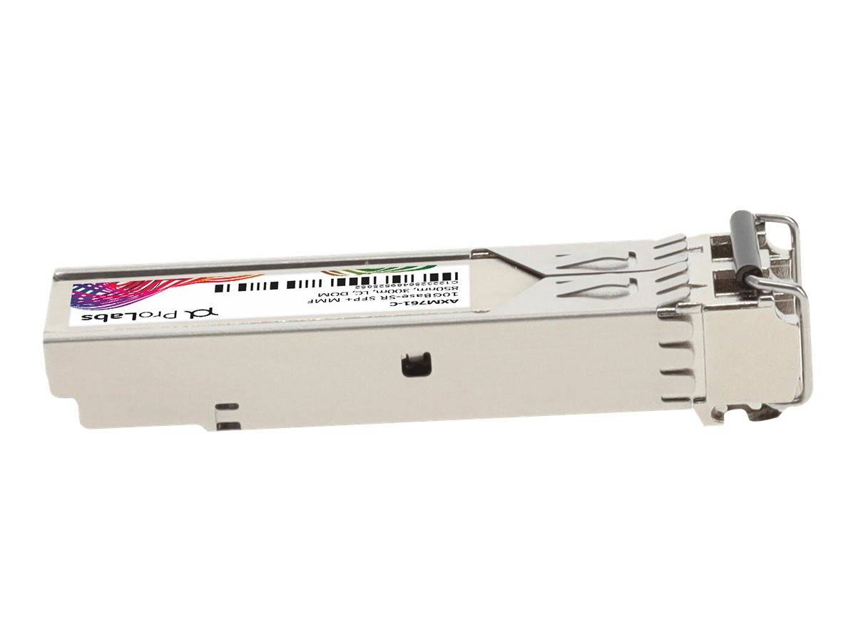 Metallisches SFP-Glasfaser-Transceiver-Modul mit Etikett und Verriegelung, isoliert auf weißem Hintergrund dargestellt.