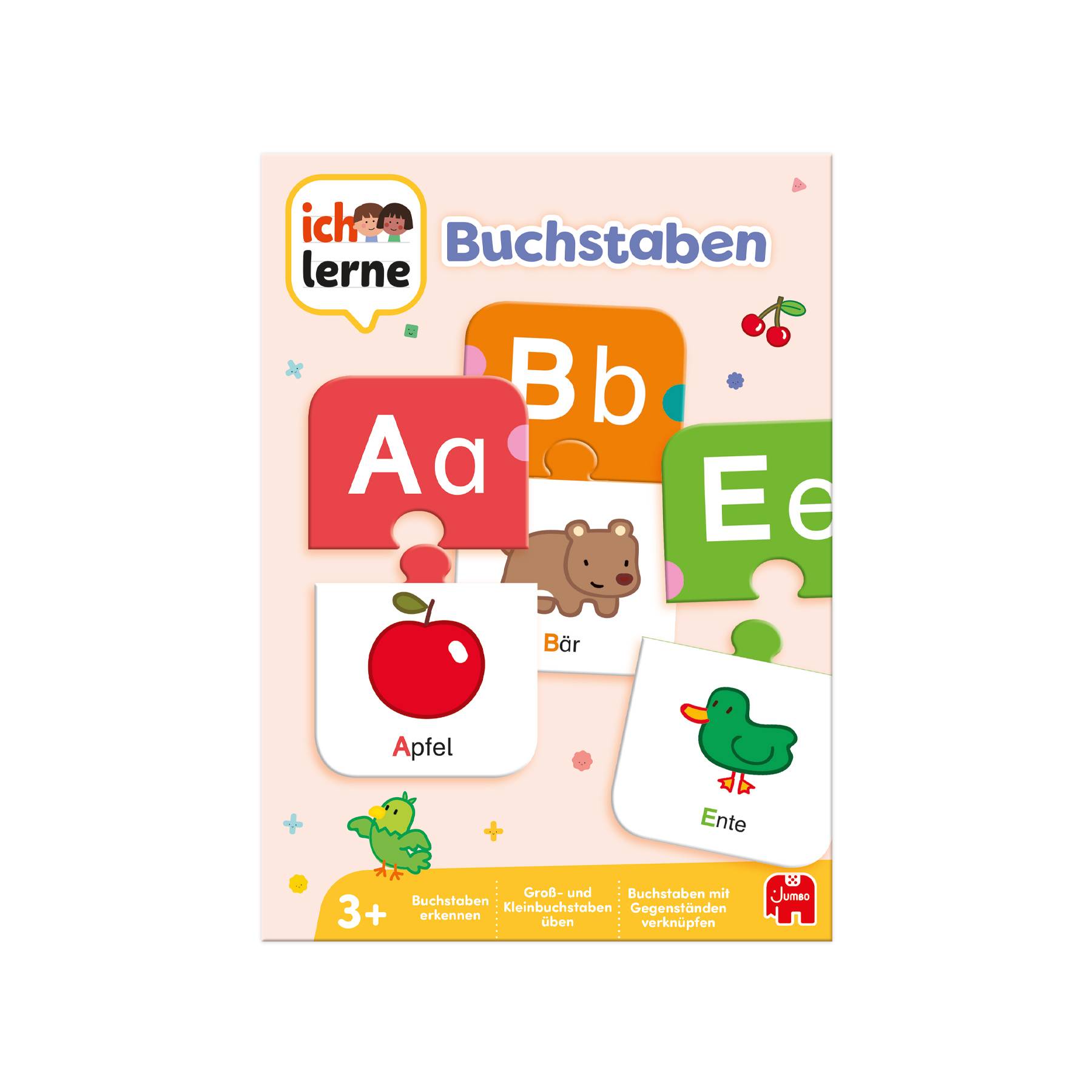 Lernpuzzle zur deutschen Alphabetisierung mit großen Buchstabenkarten A a, B b und E e mit passenden Bildern von Apfel, Bär und Ente; Titel „Buchstaben".