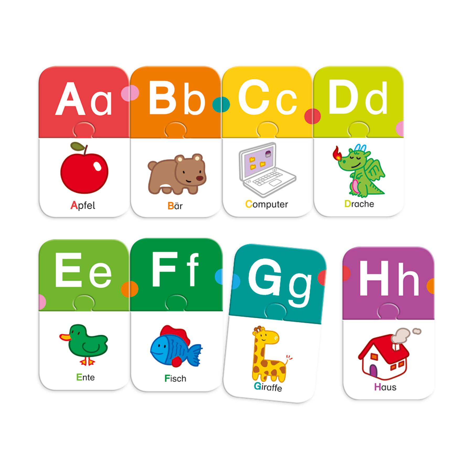 Alphabet-Lernkarten mit Aa bis Hh mit Bildern und deutschen Wörtern: Apfel, Bär, Computer, Drache, Ente, Fisch, Giraffe, Haus.