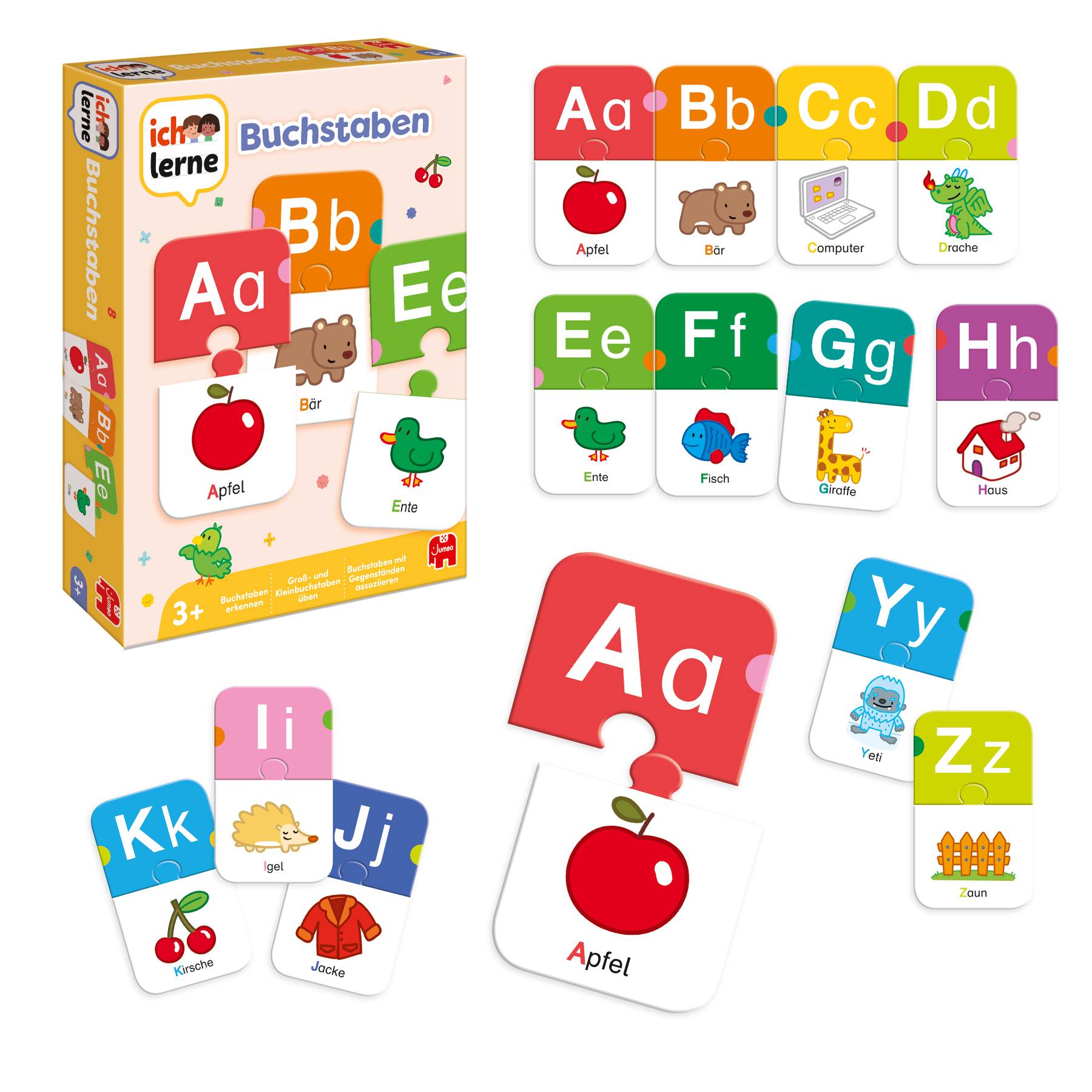 Kinderlernspiel zum Abgleichen von Buchstaben mit Kartenbox und Karten, auf denen die Buchstaben Aa-Zz mit Bildern und deutschen Beschriftungen wie „Apfel" und „Bär"" abgebildet sind.