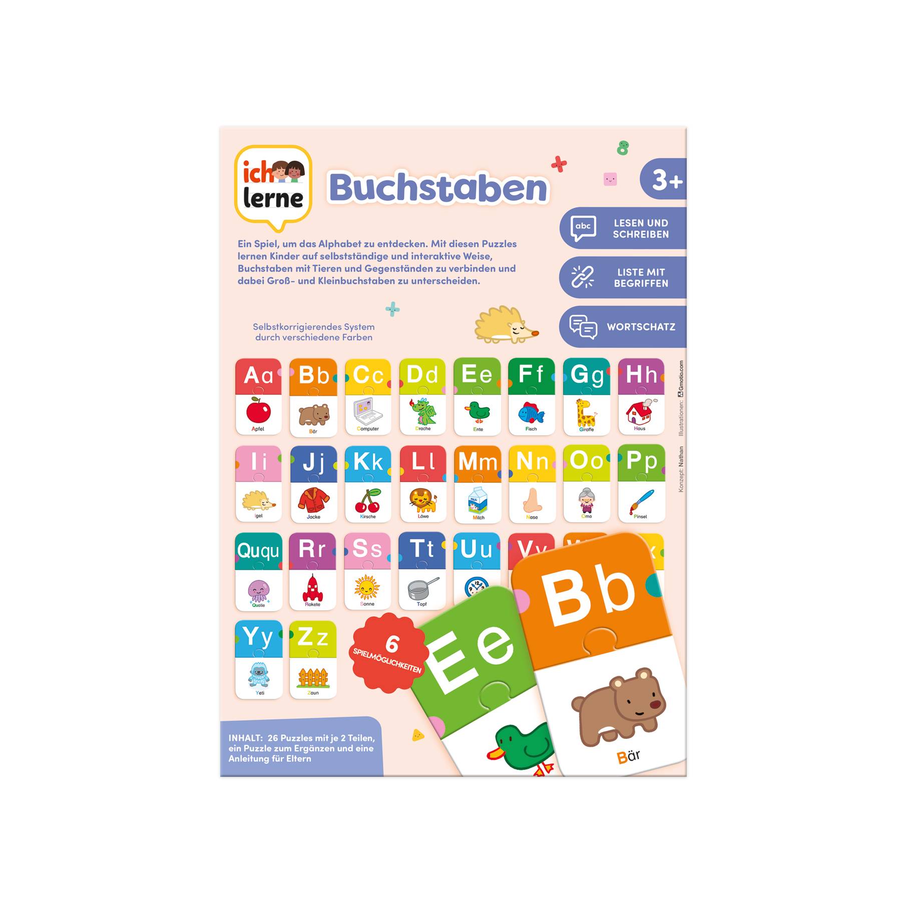 Ein deutsches Kinder-Alphabet-Puzzlespiel mit dem Titel "Buchstaben"", das Buchstabenkacheln mit Bildern zeigt und die Altersfreigabe 3+ hat.