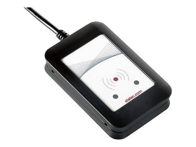 Schwarzes tragbares Kartenlesegerät oder RFID-Scanner mit Kabel, auf dem ein Funksignalsymbol und das Branding elatec.com angezeigt werden.