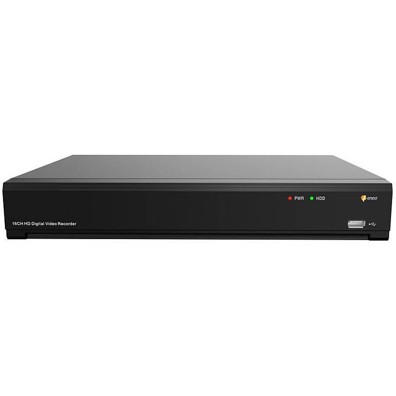 Schwarzer 16-Kanal-HD-Digitalvideorekorder mit Stromversorgungs-, Festplatten- und Sicherungskontrollleuchten auf der Frontplatte.