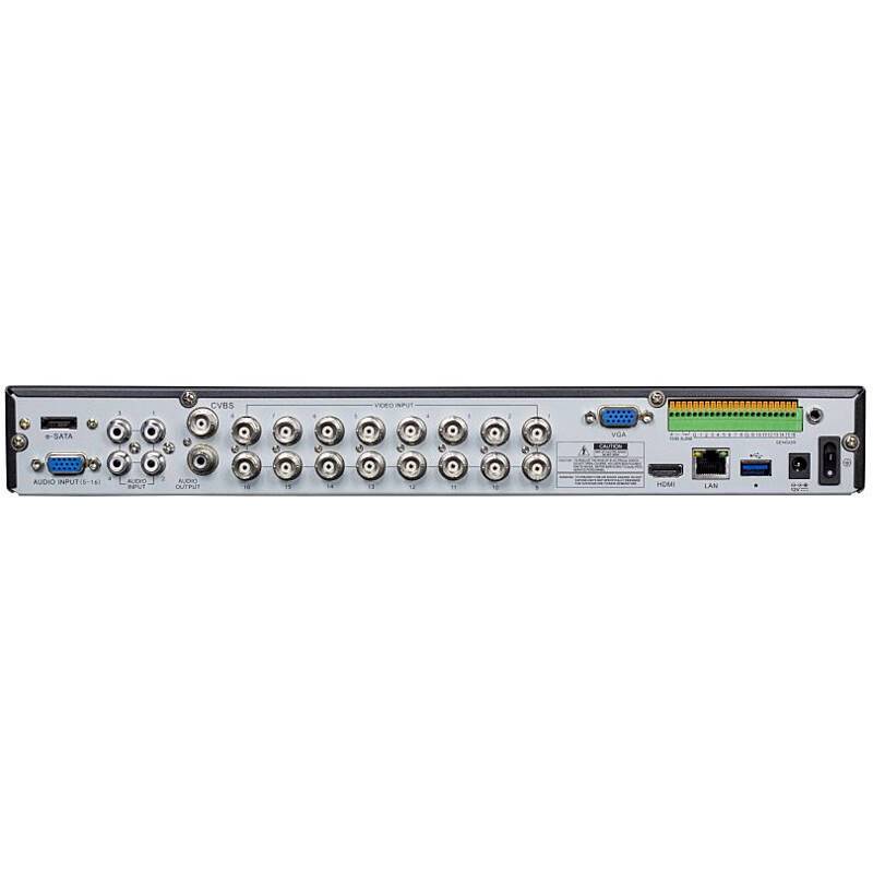 Rückseite eines Überwachungs-DVR mit mehreren BNC-Kamerasignaleingängen, VGA-Ausgang, LAN-Anschluss, USB-Anschlüsse und Stromversorgungsanschluss.