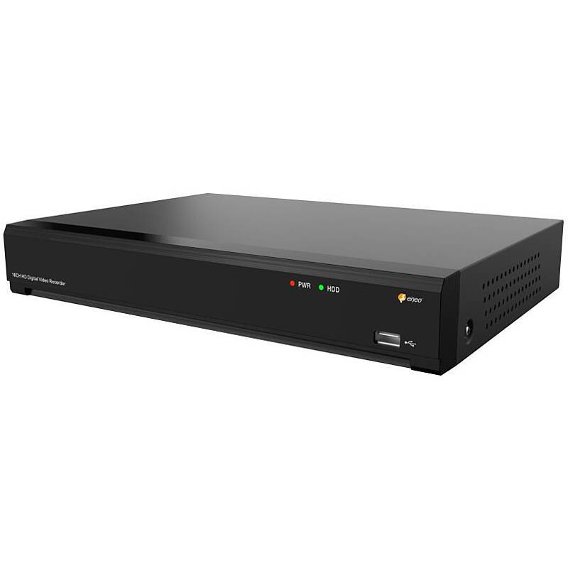 Schwarzer rechteckiger Sicherheits-DVR-Rekorder mit Stromversorgungs-, Festplattenlicht- und Fehleranzeigeleuchten sowie USB-Anschluss an der Vorderseite.