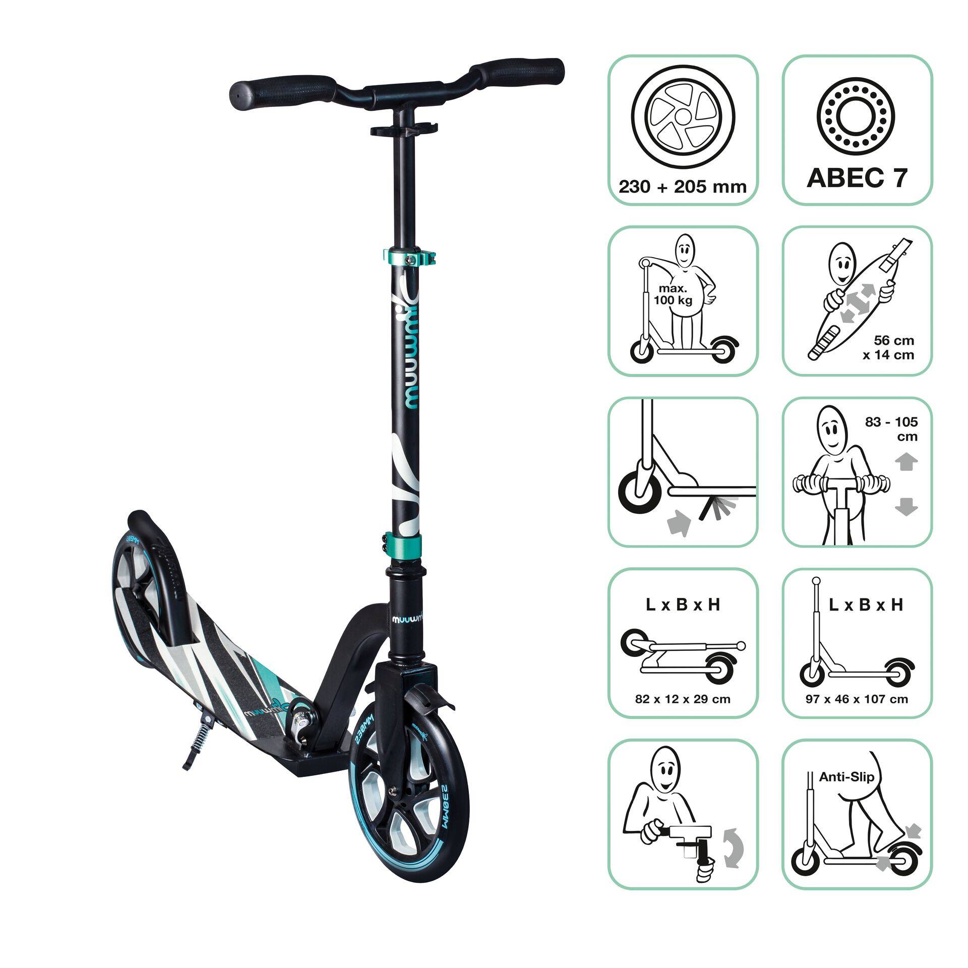 muuwmi Aluminium Scooter Pro – Tretroller, 230/205 mm, ABEC 7, , höhenverstellbar, XL-Deck, BMX-Lenker, türkis