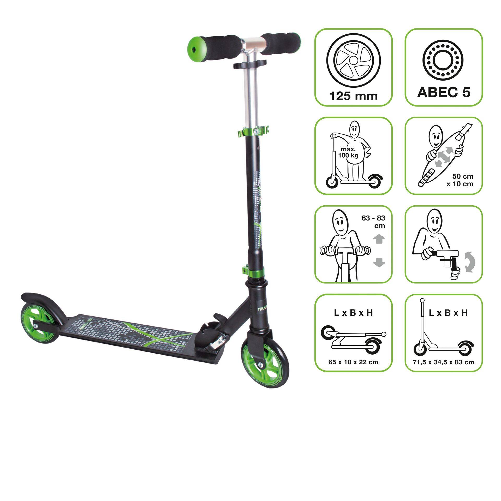 muuwmi Aluminium Scooter – Tretroller, 125 mm, ABEC 5, , höhenverstellbar, schwarz-grün