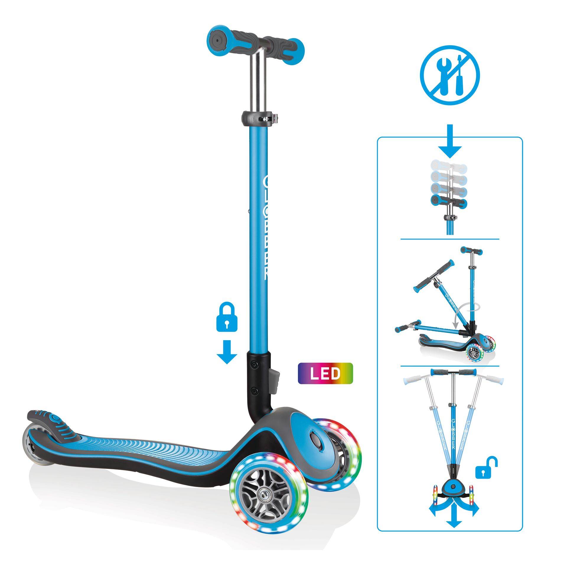 GLOBBER ELITE DELUXE LIGHTS – Tretroller Kinder, 120/80 mm, ABEC 5, 3-rädrig, höhenverstellbar, LED-Rollen, hellblau