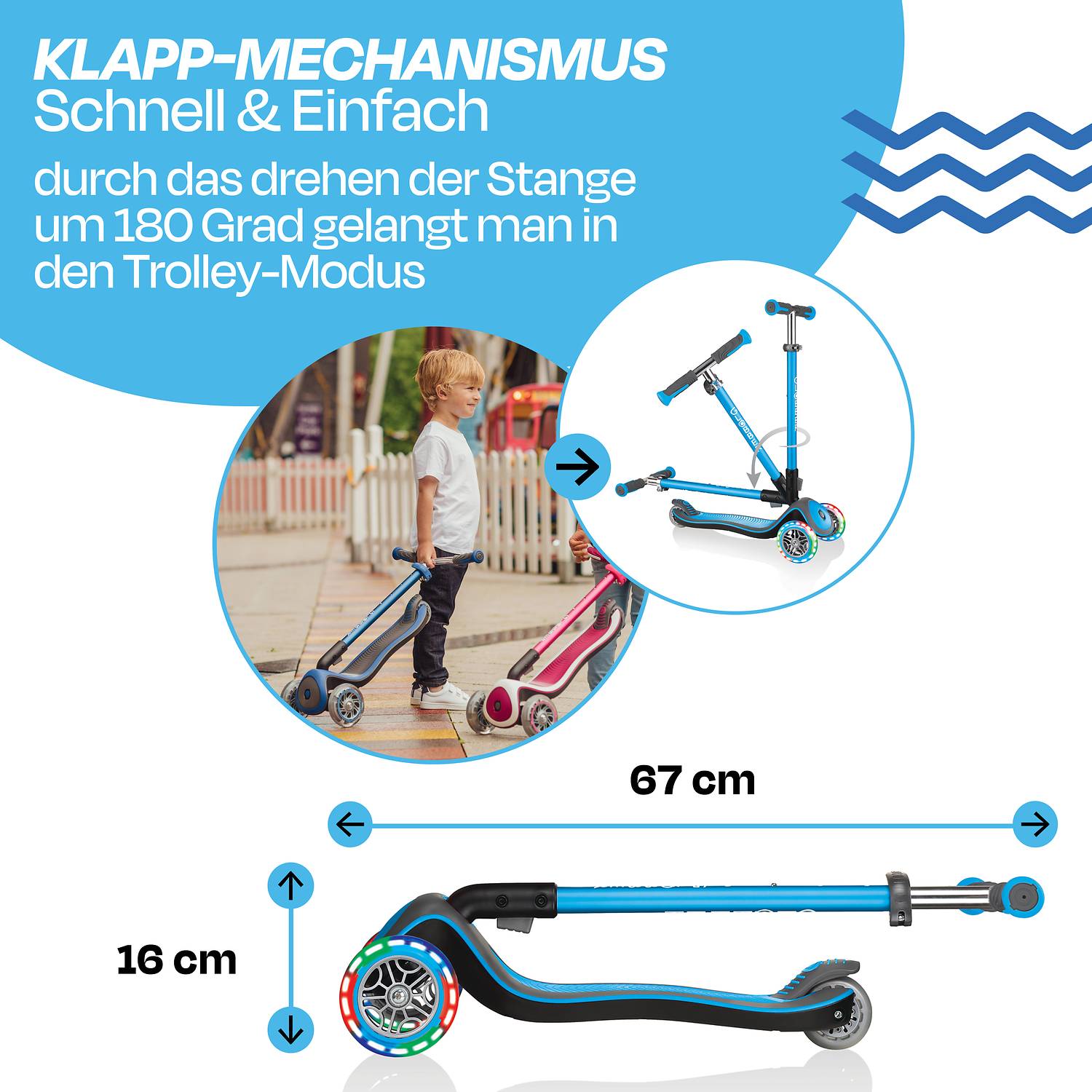 GLOBBER ELITE DELUXE LIGHTS hellblau, mit Leuchtrollen