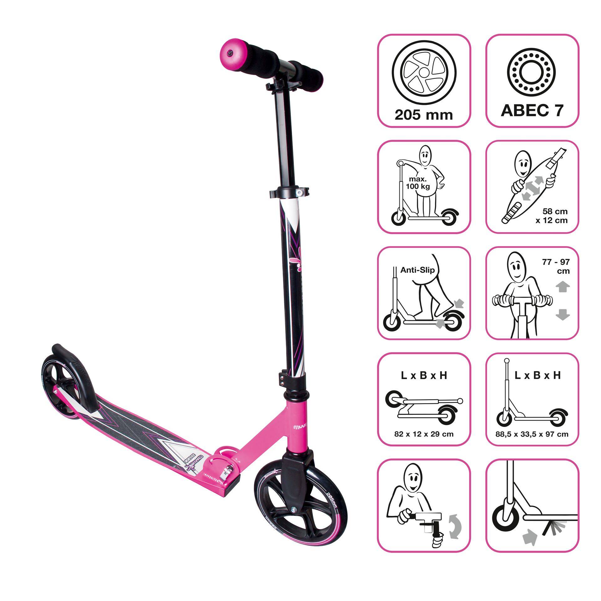 muuwmi Aluminium Scooter – Tretroller, 205 mm, ABEC 7, für Kinder und Erwachsene, , höhenverstellbar, pink