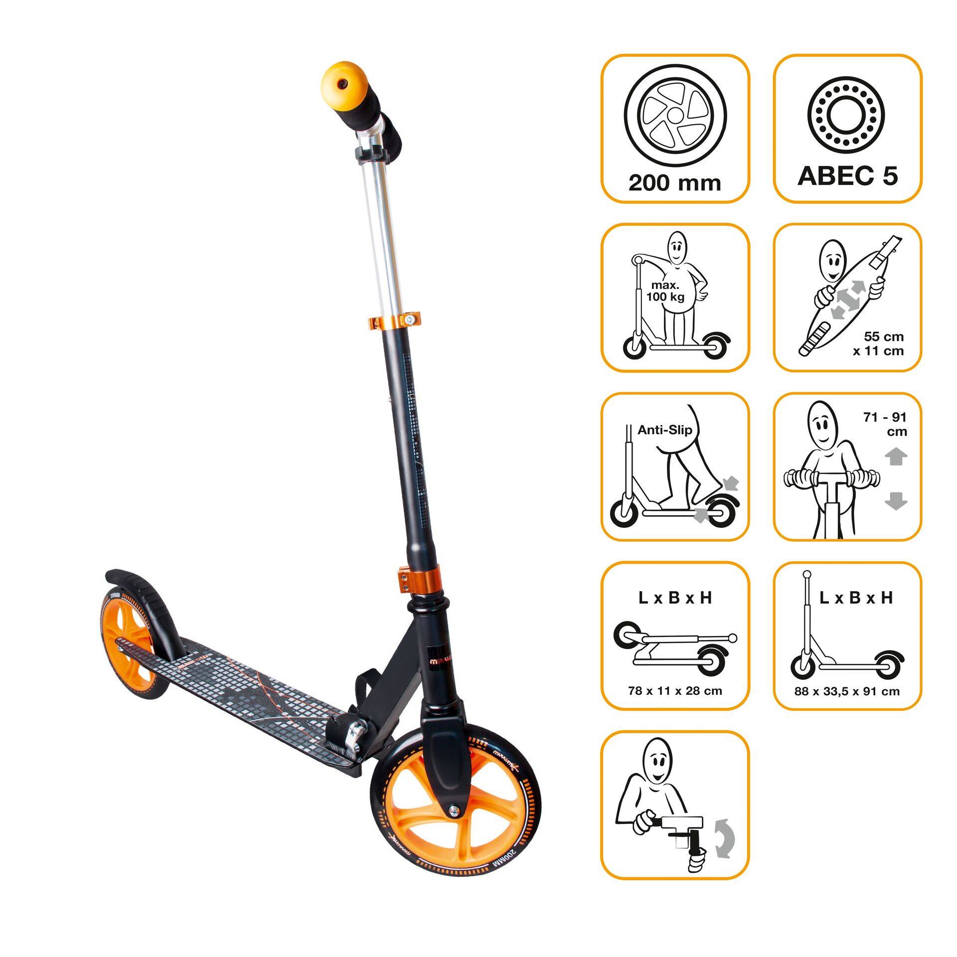 muuwmi Aluminium Scooter – Tretroller, 200 mm, ABEC 5, , höhenverstellbar, schwarz-orange