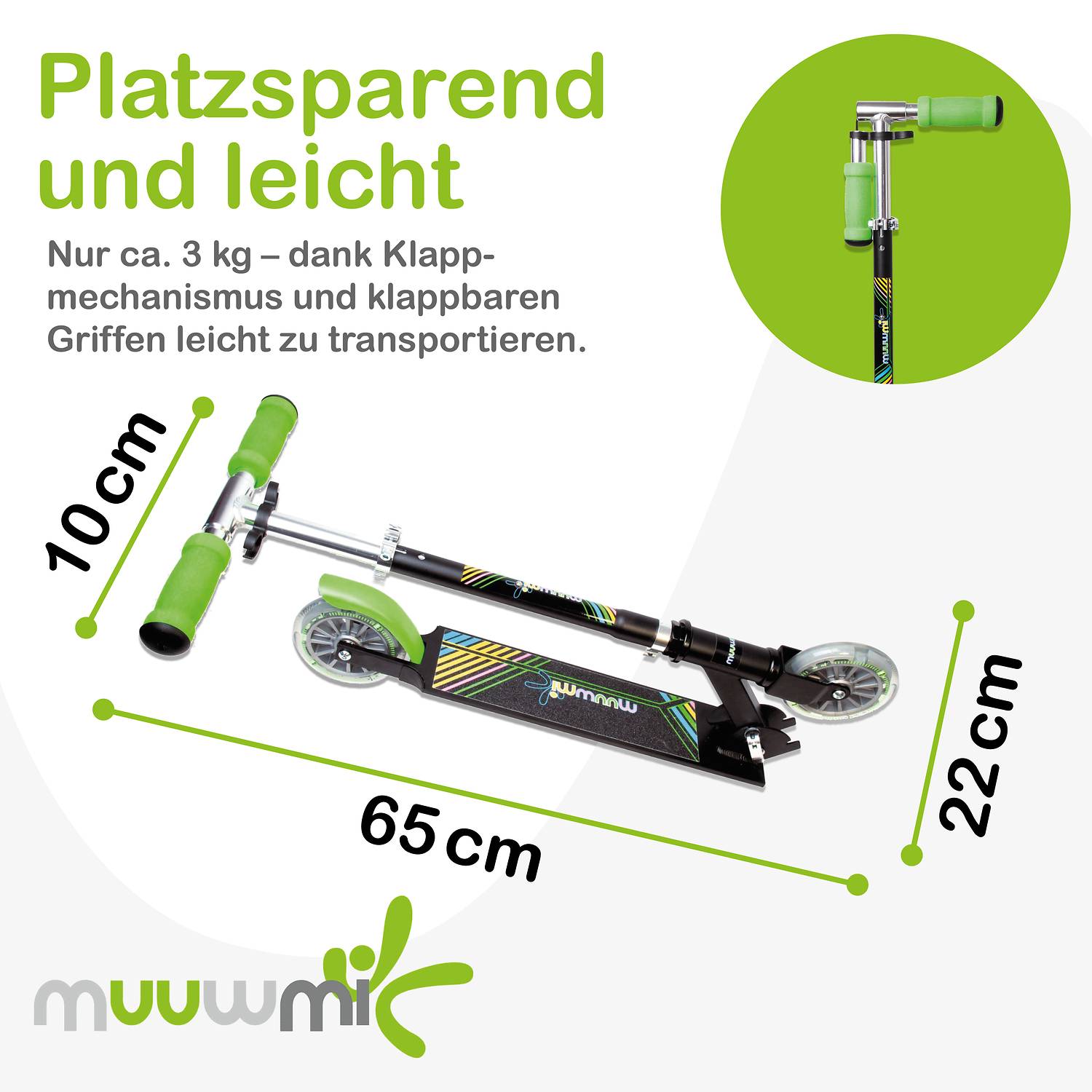 muuwmi Aluminium Scooter Neon 125 mm, mit Leuchtrollen
