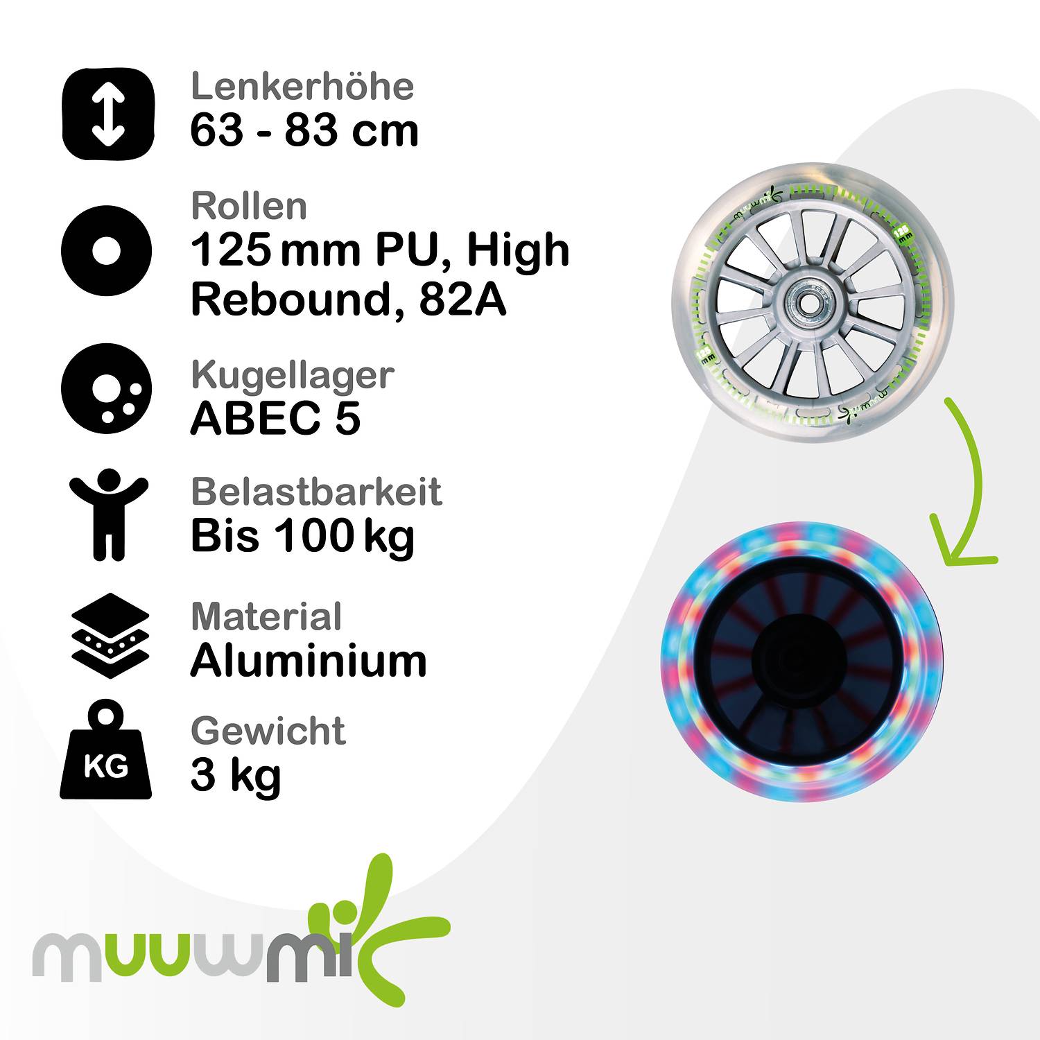 muuwmi Aluminium Scooter Neon 125 mm, mit Leuchtrollen