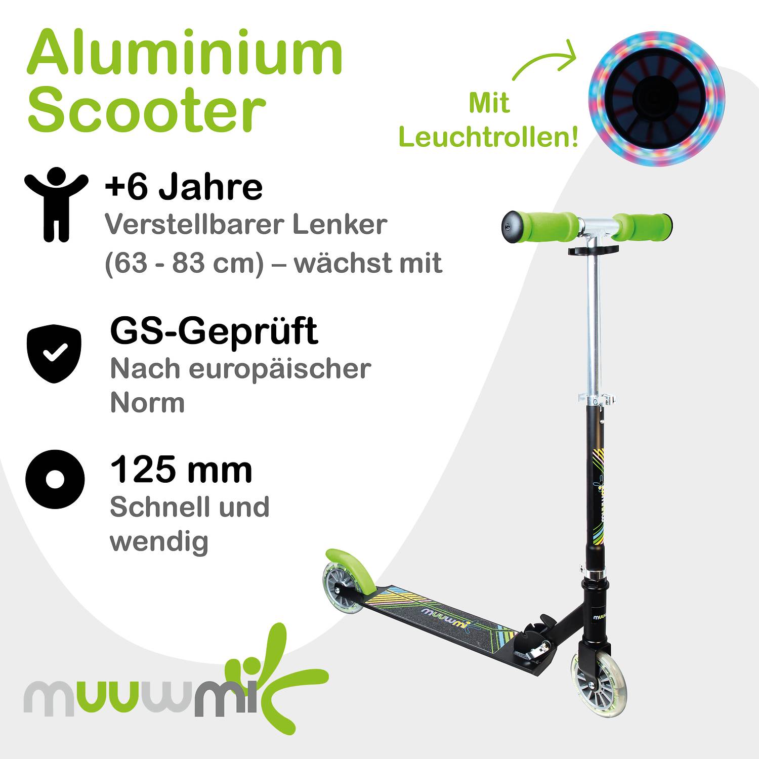 muuwmi Aluminium Scooter Neon 125 mm, mit Leuchtrollen