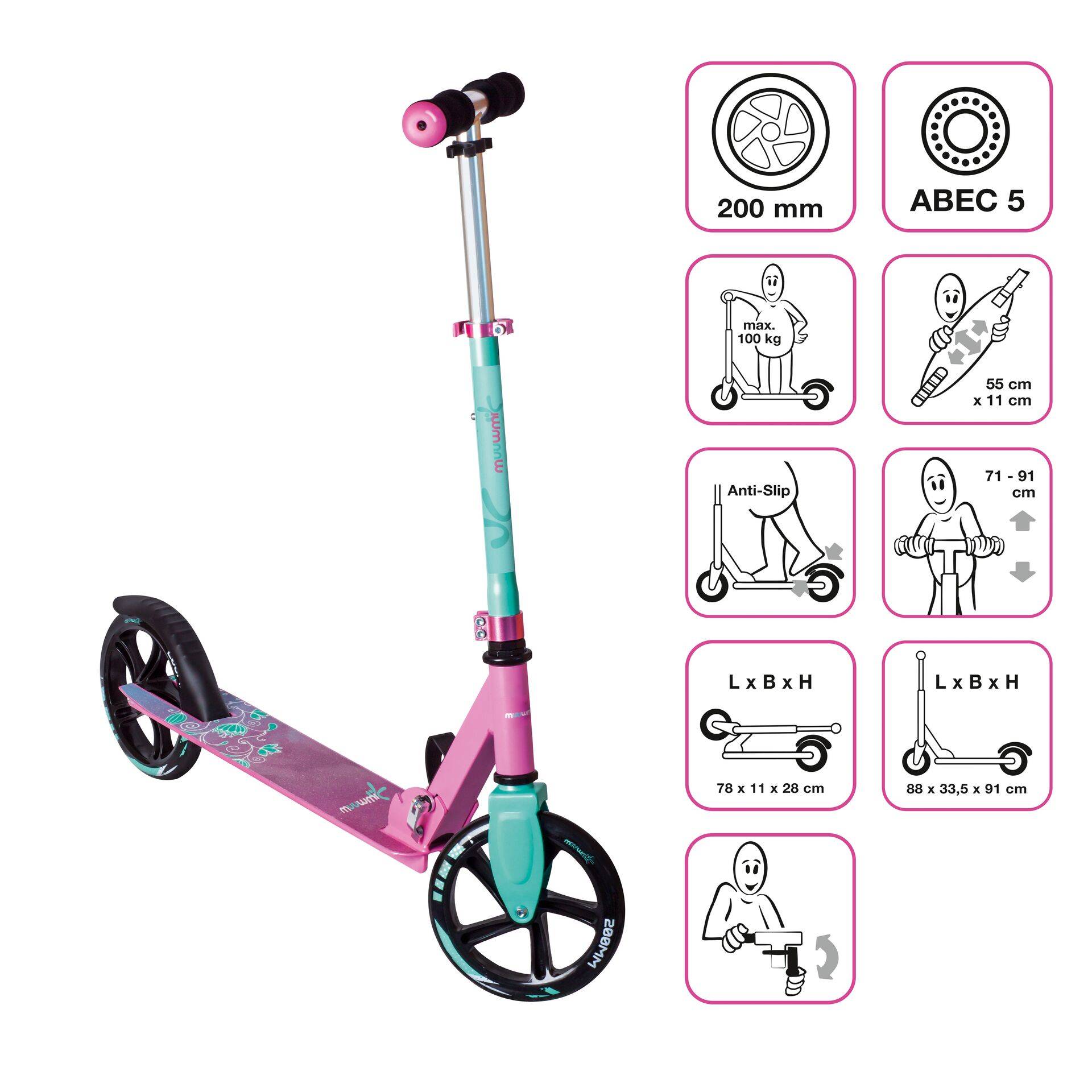 muuwmi Aluminium Scooter 200 mm pink-türkis