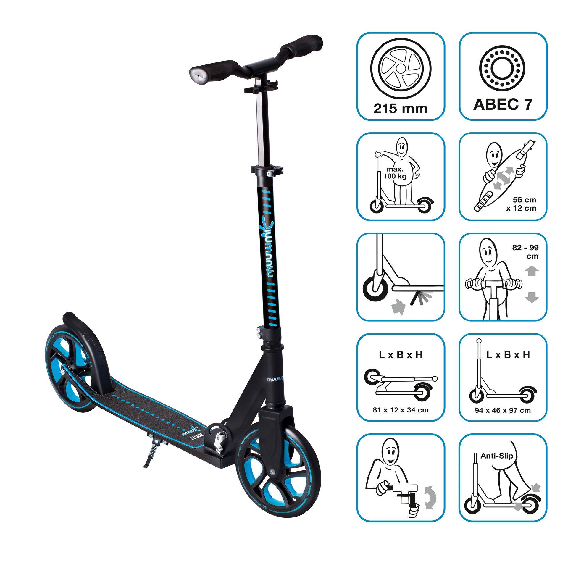 muuwmi Aluminium Scooter Pro – Tretroller, 215 mm, ABEC 7, , höhenverstellbar, XL-Deck, BMX-Lenker, blau