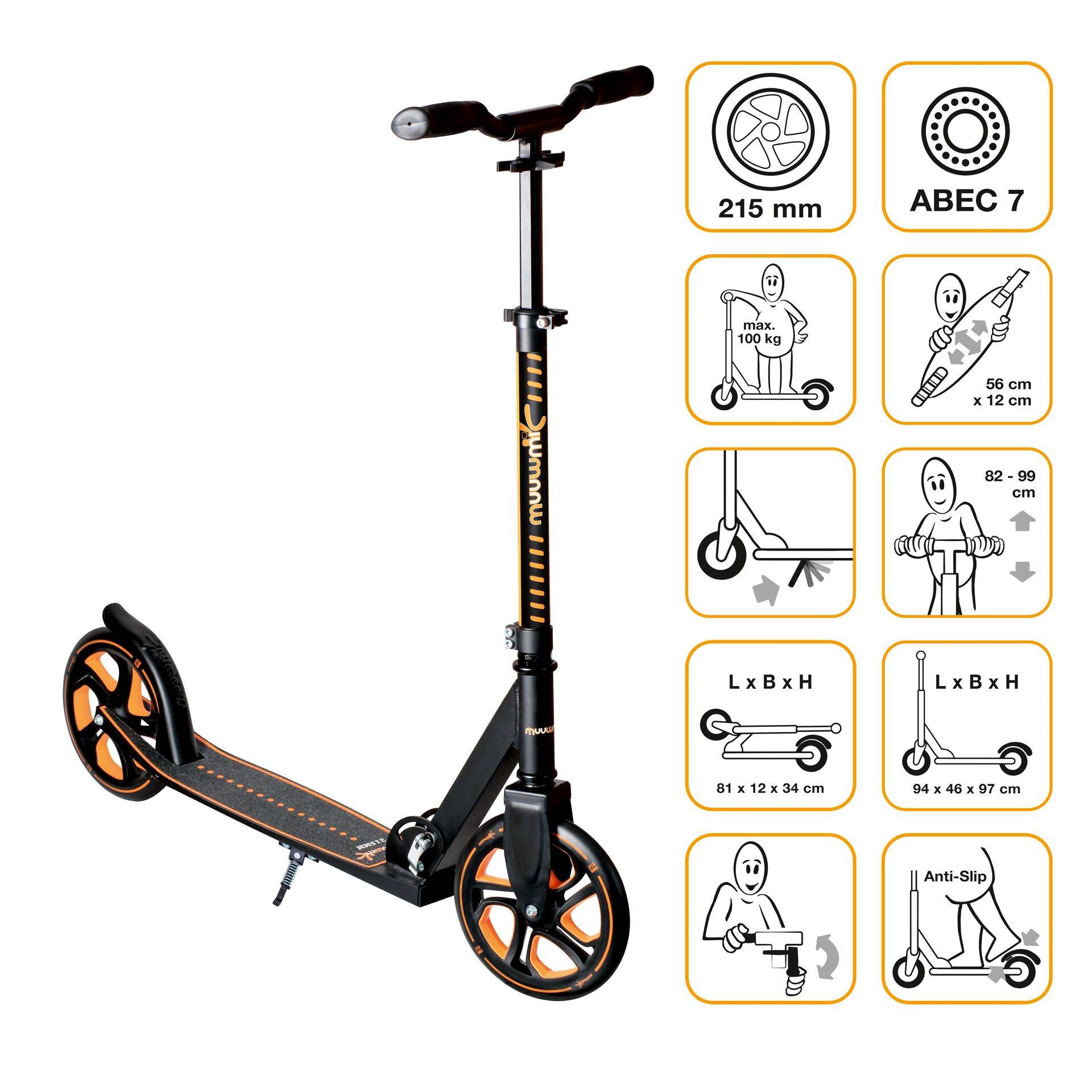 muuwmi Aluminium Scooter Pro – Tretroller, 215 mm, ABEC 7, GS-geprüft, höhenverstellbar, XL-Deck, BMX-Lenker, orange