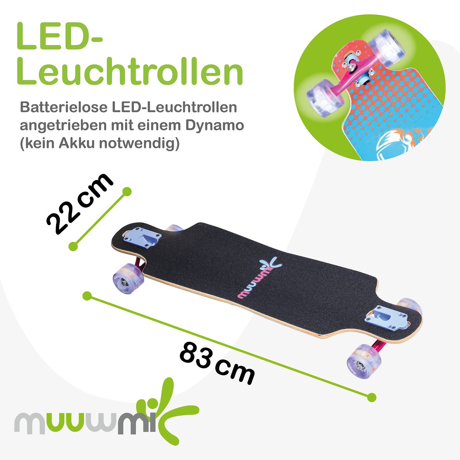 muuwmi Longboard Compact ABEC 7 Space, mit Leuchtrollen