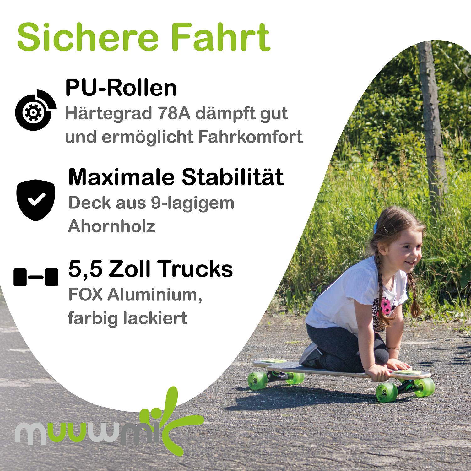 muuwmi Longboard Compact ABEC 7 Space, mit Leuchtrollen