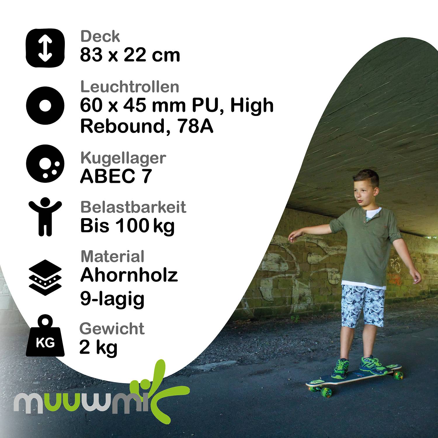 muuwmi Longboard Compact ABEC 7 Space, mit Leuchtrollen