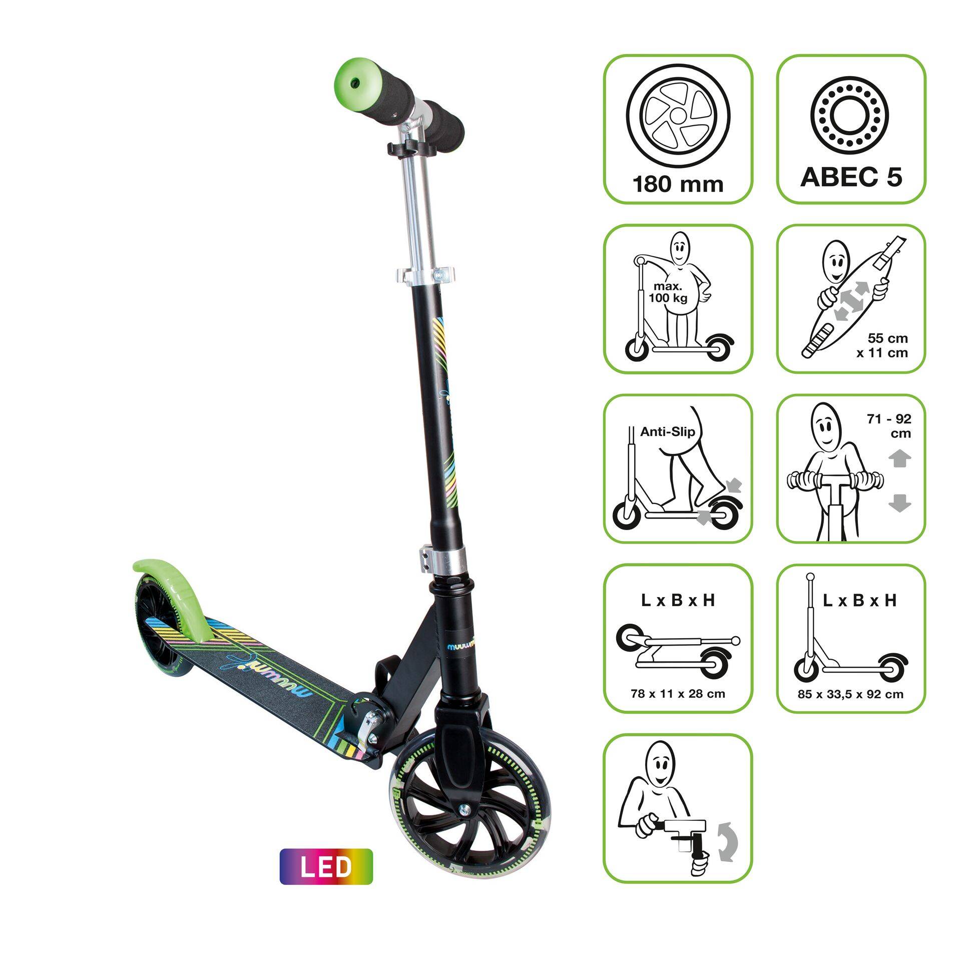 muuwmi Aluminium Scooter Neon 180 mm, mit Leuchtrollen