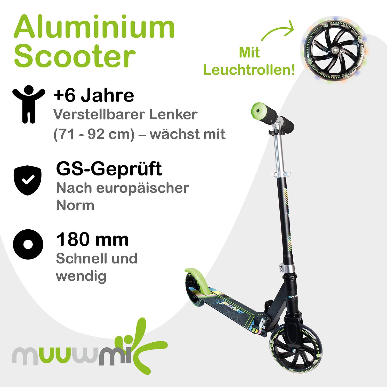 muuwmi Aluminium Scooter Neon 180 mm, mit Leuchtrollen