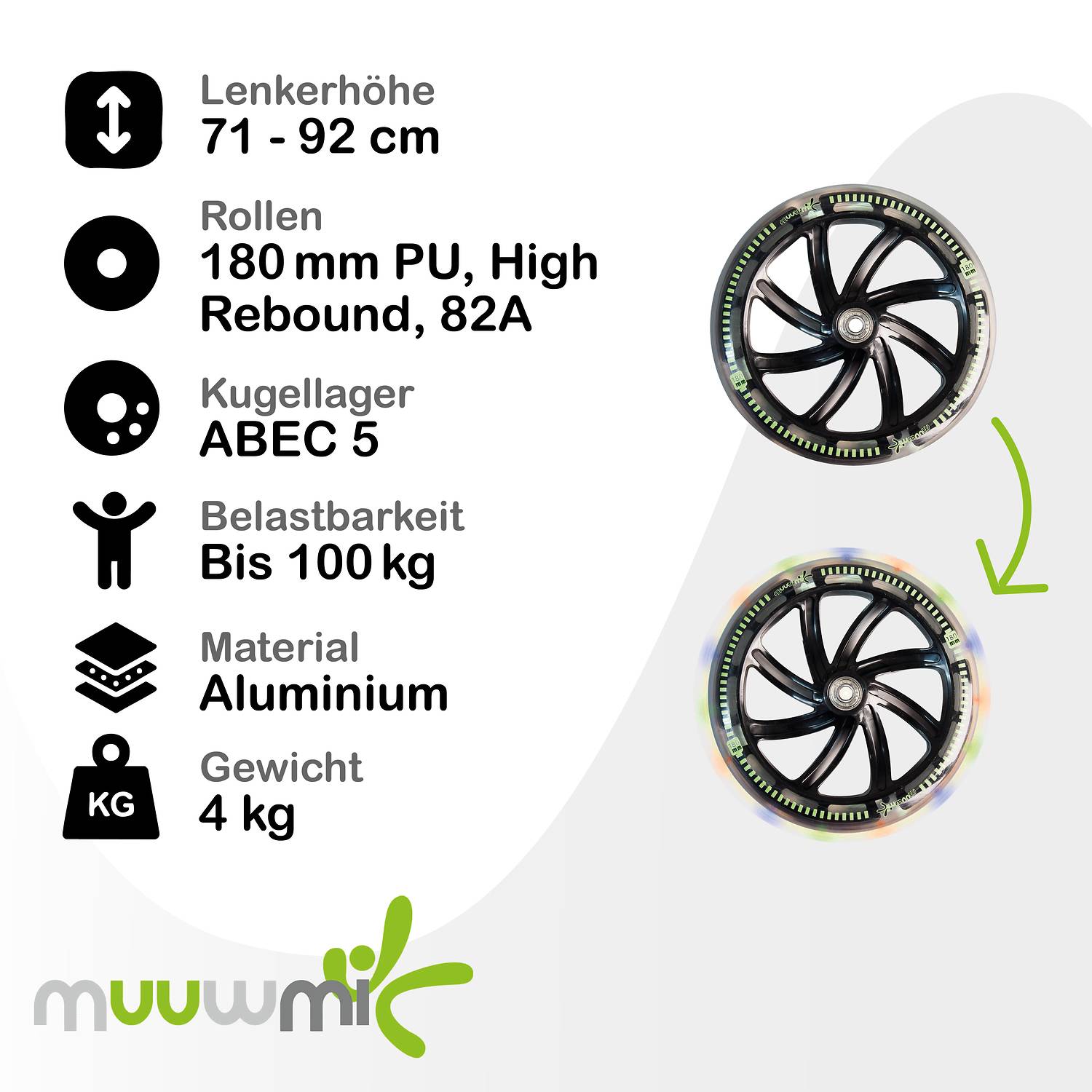 muuwmi Aluminium Scooter Neon 180 mm, mit Leuchtrollen