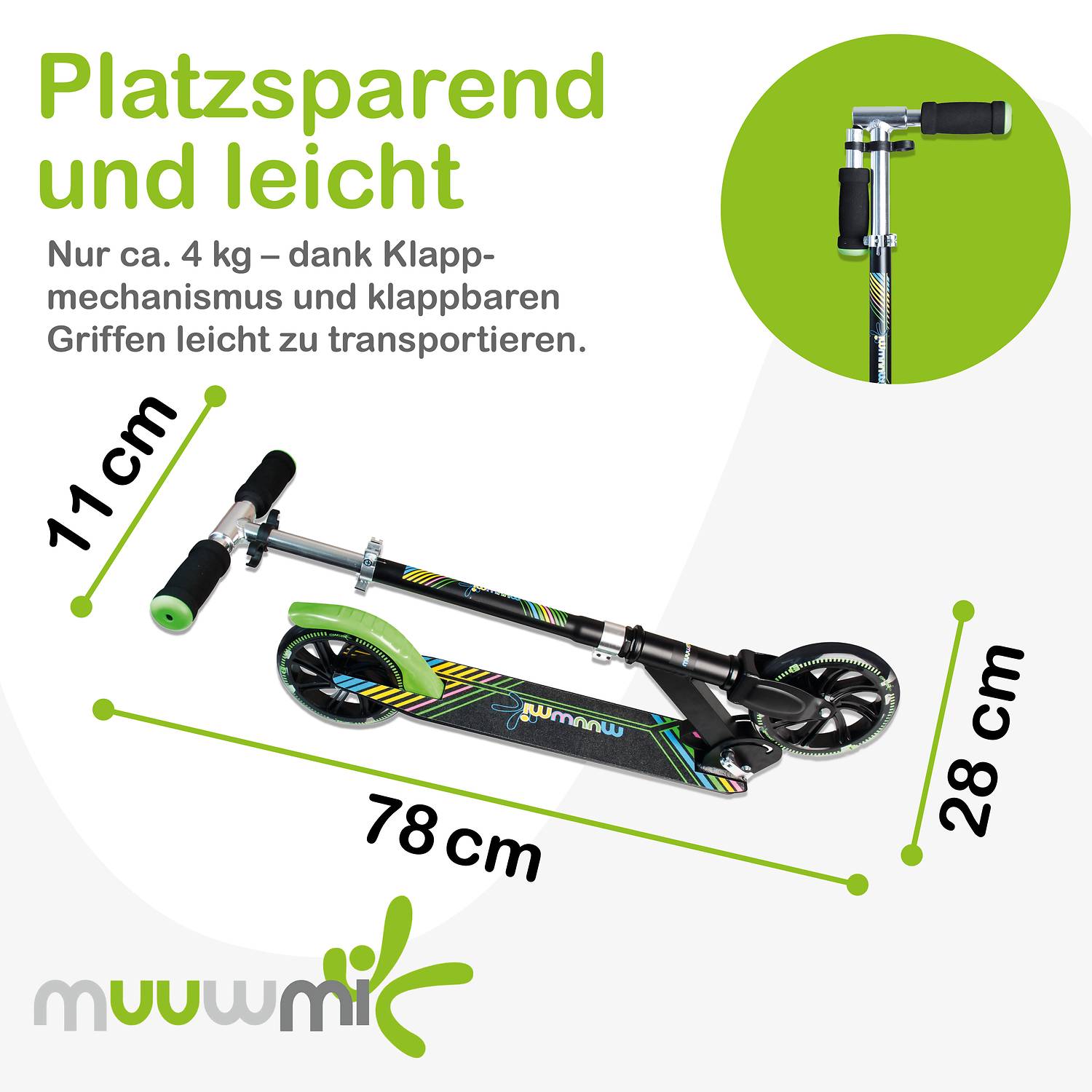 muuwmi Aluminium Scooter Neon 180 mm, mit Leuchtrollen