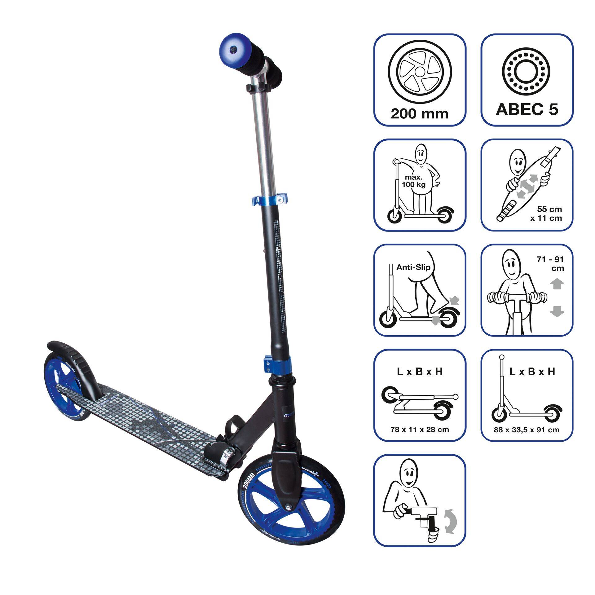 muuwmi Aluminium Scooter – Tretroller, 200 mm, ABEC 5, , höhenverstellbar, schwarz-blau