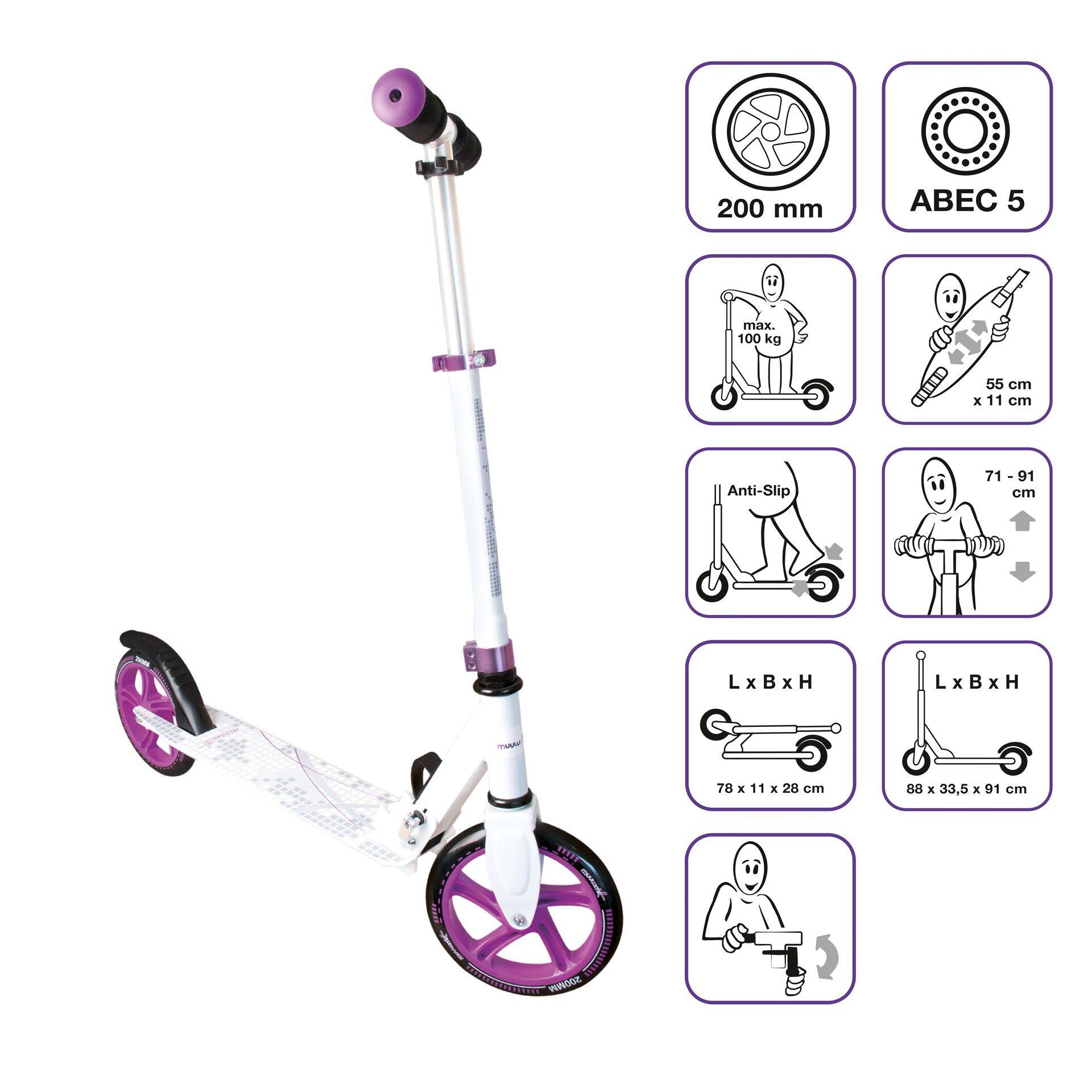 muuwmi Aluminium Scooter 200 mm weiß-lila