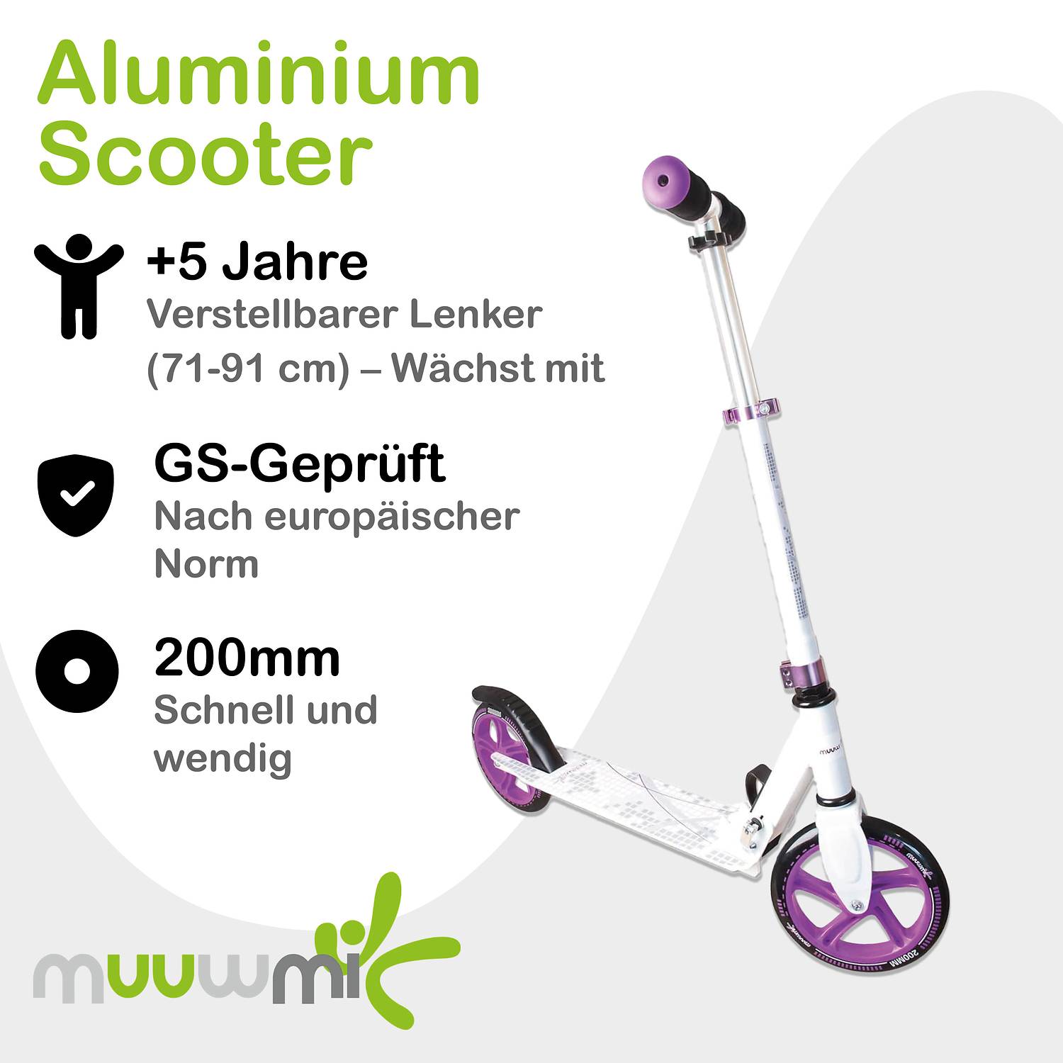 muuwmi Aluminium Scooter 200 mm weiß-lila
