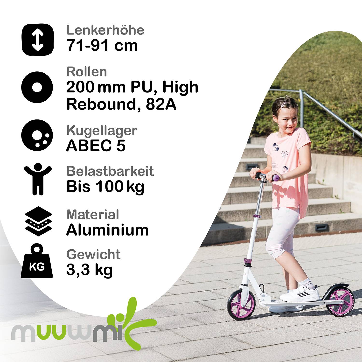 muuwmi Aluminium Scooter 200 mm weiß-lila