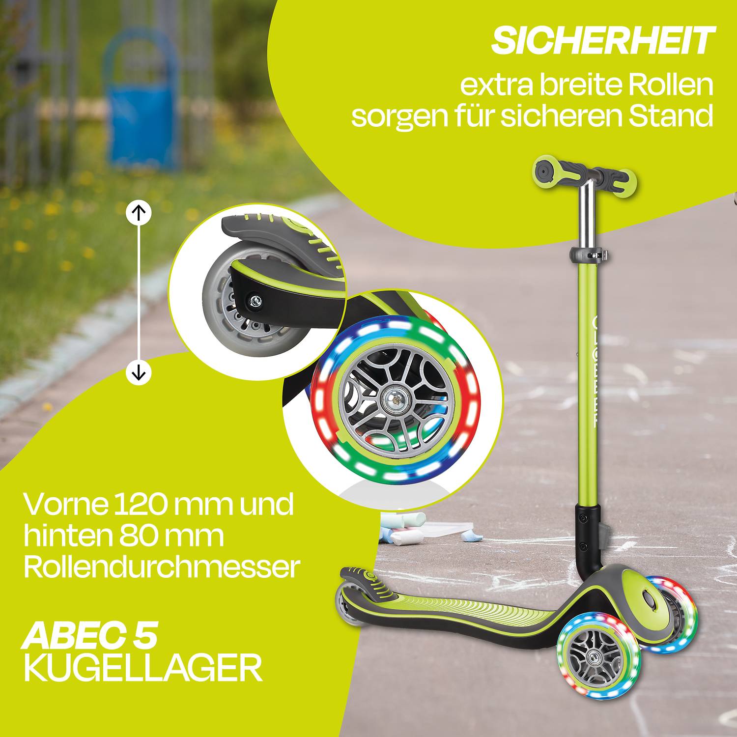 GLOBBER ELITE DELUXE LIGHTS lime grün, mit Leuchtrollen