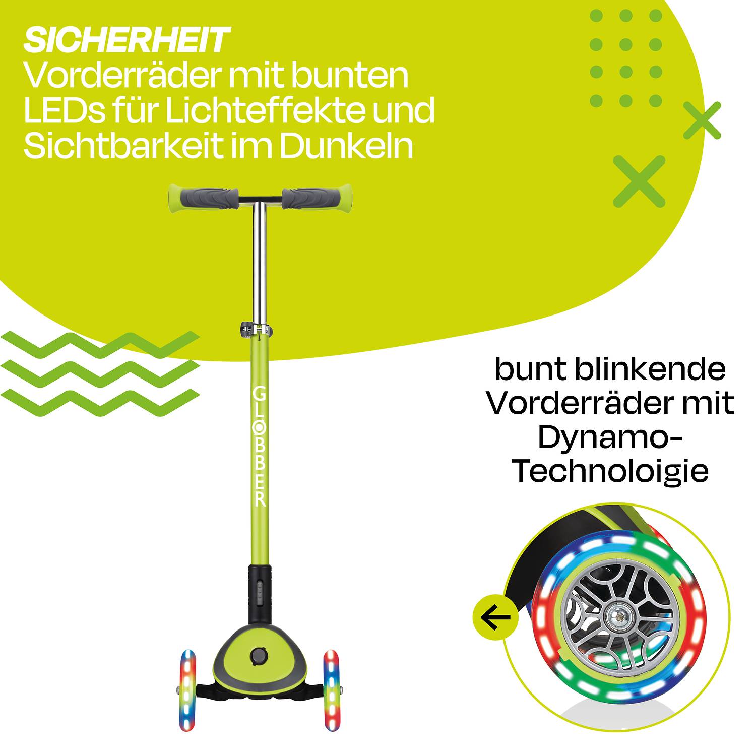 GLOBBER ELITE DELUXE LIGHTS lime grün, mit Leuchtrollen