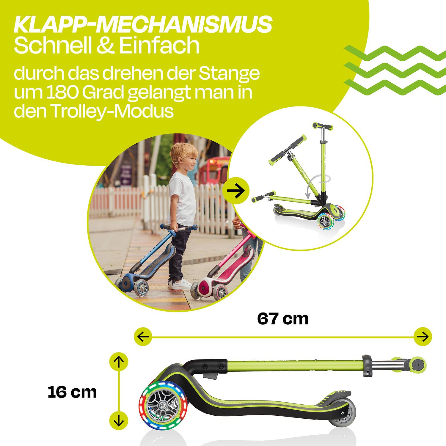 GLOBBER ELITE DELUXE LIGHTS lime grün, mit Leuchtrollen