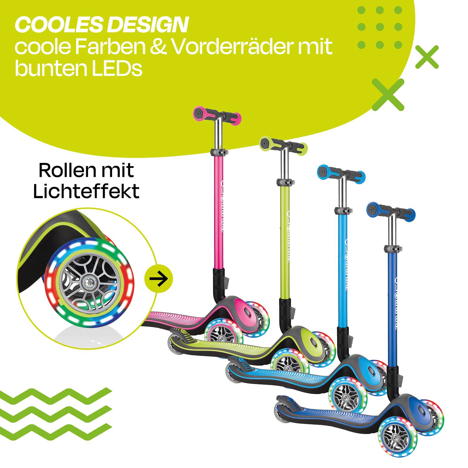 GLOBBER ELITE DELUXE LIGHTS lime grün, mit Leuchtrollen