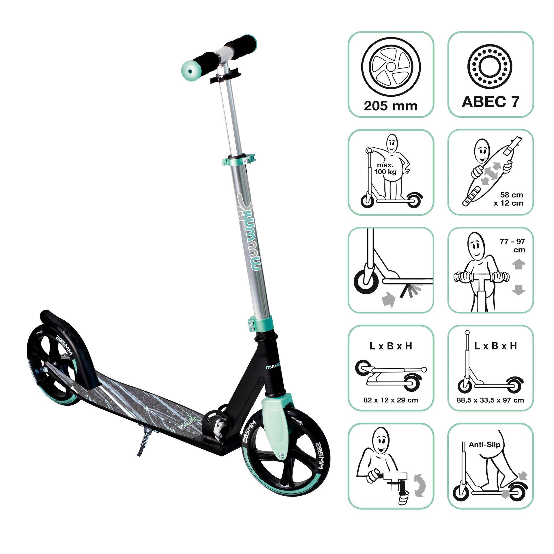 muuwmi Aluminium Scooter– Tretroller, 205 mm, ABEC 7, , höhenverstellbar, XL-Deck, türkis