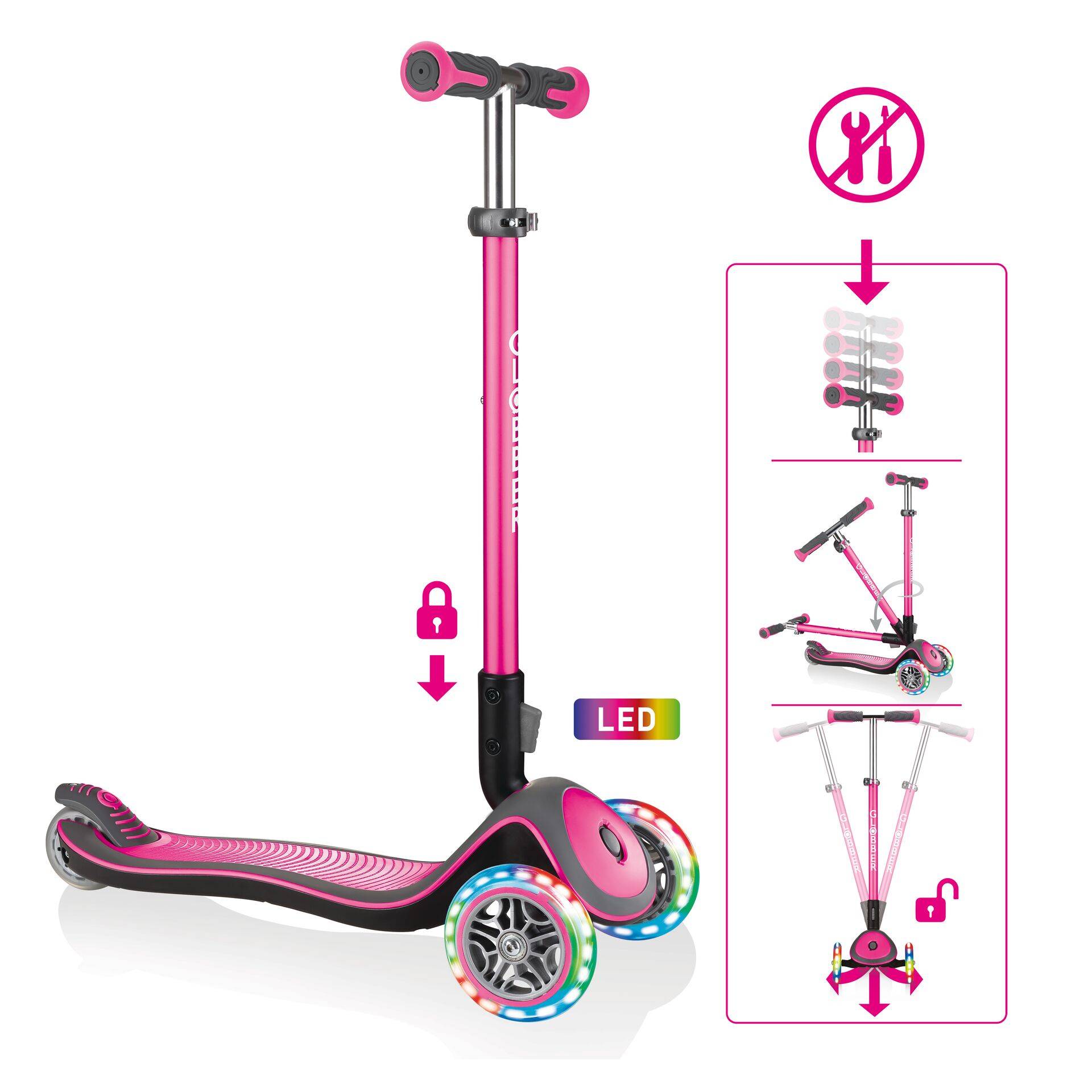 GLOBBER ELITE DELUXE LIGHTS – Tretroller Kinder, 120/80 mm, ABEC 5, 3-rädrig, höhenverstellbar, LED-Rollen, dunkelblau