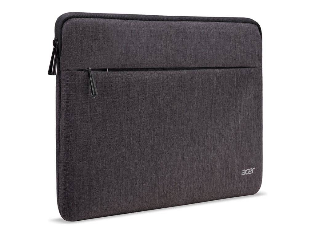 Eine dunkelgraue Acer Laptoptasche mit Reißverschluss und einem kleinen Acer-Logo in der Ecke.